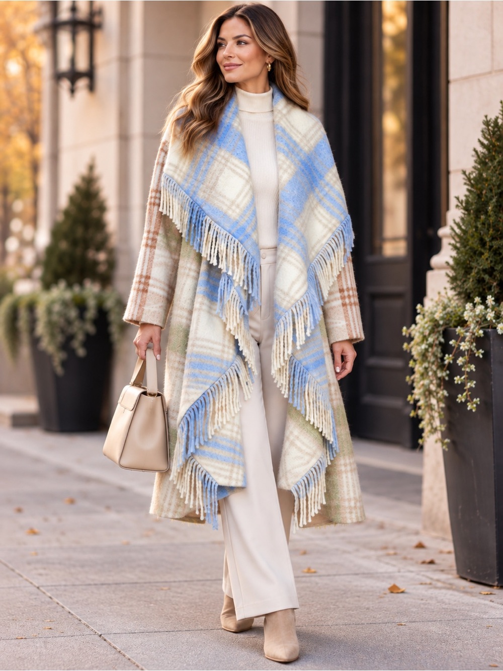 CINQ À SEPT Lita Plaid Shawl-Collar Wool Fringe Coat Meadow Glacier Blue Large